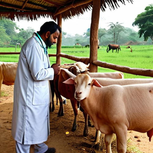 A veterinarian examining livestock on a farm in a rural Indian village, emphasizing पशु स्वास्थ्य (animal health) with farmers looking on.