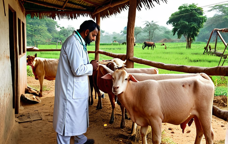 A veterinarian examining livestock on a farm in a rural Indian village, emphasizing पशु स्वास्थ्य (animal health) with farmers looking on.