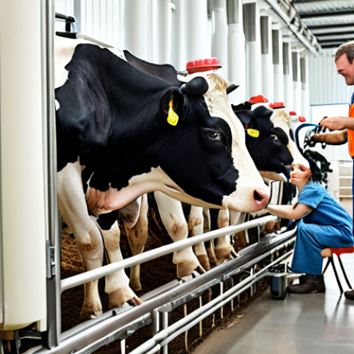**

A modern dairy farm scene showcasing automatic milking machines in action. Cows are calmly being milked by robotic arms. The environment is clean and well-lit. In the background, automated feeding systems are dispensing feed. Focus on the efficiency and hygiene of the automated process. Include a farmer observing the operation with a satisfied expression. Use a realistic and bright style.

**