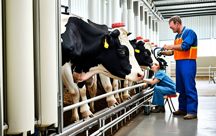 **

A modern dairy farm scene showcasing automatic milking machines in action. Cows are calmly being milked by robotic arms. The environment is clean and well-lit. In the background, automated feeding systems are dispensing feed. Focus on the efficiency and hygiene of the automated process. Include a farmer observing the operation with a satisfied expression. Use a realistic and bright style.

**