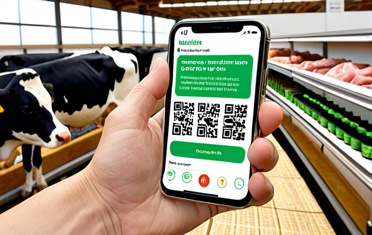 **Image Prompt 1: "Farm to Fork Transparency with Tech"**
    A vibrant, modern depiction of the "farm to fork" journey for livestock products. On one side, healthy, free-range farm animals (cows, chickens) graze in a clean, well-maintained farm, with subtle IoT sensors integrated into their environment. In the background, data streams and a blockchain network are visualized, symbolizing traceability. On the other side, a diverse consumer's hand holds a smartphone, scanning a QR code on a packaged product (e.g., milk carton or meat pack). The phone screen displays comprehensive product information, including origin, animal welfare details, and certification logos, showcasing AI-powered transparency and consumer trust.