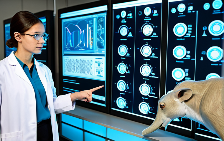 **Prompt 1: Foundations of Veterinary Science**
    A focused veterinary professional, fully clothed in a modest lab coat over professional dress, meticulously studying a detailed, illuminated holographic anatomical model of a large animal in a clean, state-of-the-art research laboratory. The individual is pointing at a specific system on the model, indicating deep understanding. The background features blurred modern laboratory equipment and digital screens displaying biological data. The atmosphere is serious and academic. safe for work, appropriate content, fully clothed, professional, perfect anatomy, correct proportions, natural pose, well-formed hands, proper finger count, natural body proportions, professional photography, high quality.