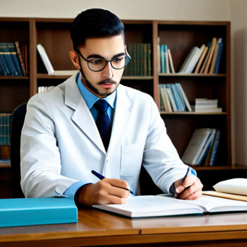 A diligent student in a study room, surrounded by textbooks and notes on animal husbandry, fully clothed in modest attire, safe for work, perfect anatomy, natural proportions, focused on a study plan, appropriate content, family-friendly, professional study environment.