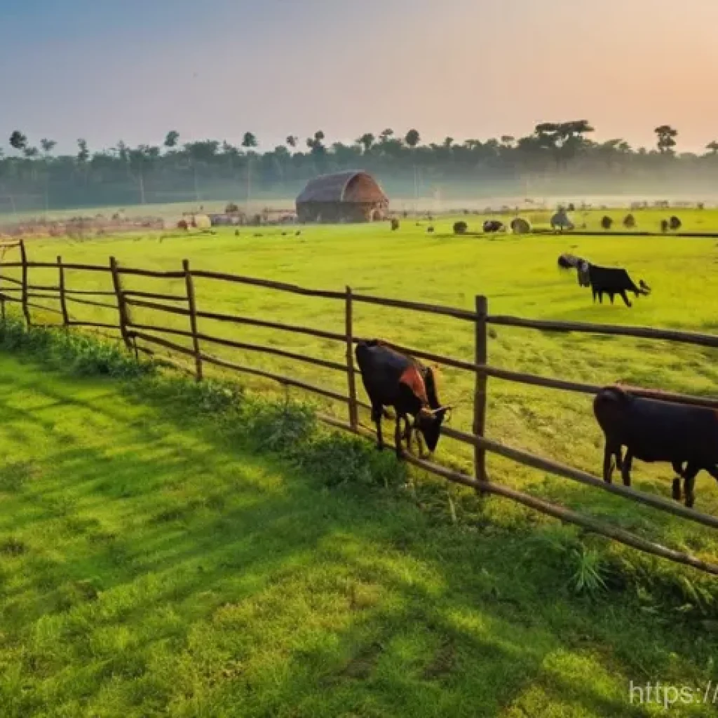 축산업 현장 실습 이야기 - **Prompt:** A serene, wide-angle shot of an Indian livestock farm at sunrise. Golden light bathes th...