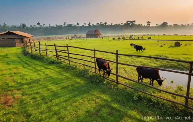 축산업 현장 실습 이야기 - **Prompt:** A serene, wide-angle shot of an Indian livestock farm at sunrise. Golden light bathes th...