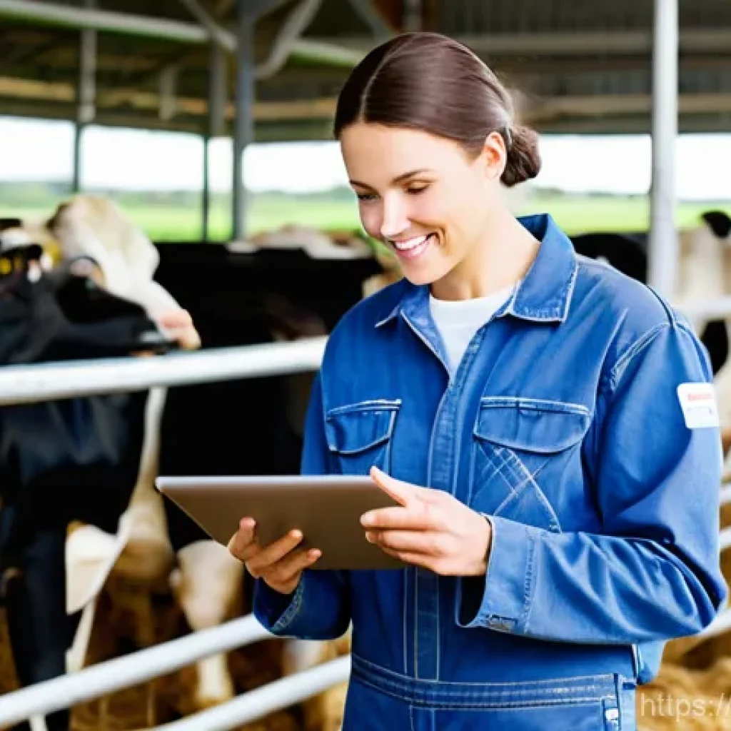 축산업 창업 성공 사례 - **Prompt:** A modern, well-lit indoor dairy farm. Young, tech-savvy farmers, male and female, in cle...