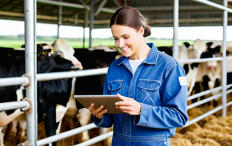 축산업 창업 성공 사례 - **Prompt:** A modern, well-lit indoor dairy farm. Young, tech-savvy farmers, male and female, in cle...