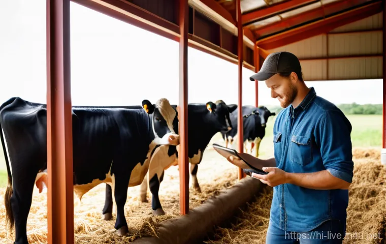 축산업 창업 성공 사례 - **Prompt:** A modern, well-lit indoor dairy farm. Young, tech-savvy farmers, male and female, in cle...