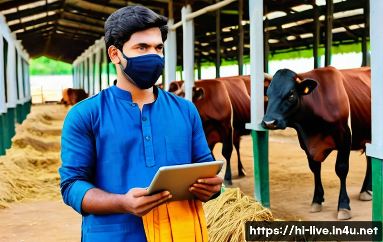 축산업 커리어 로드맵 - A vibrant rural dairy farm scene in India showing a young male farmer wearing traditional kurta and ...