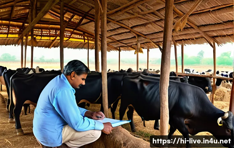 축산업 업무일지 작성법 - A detailed, realistic farm scene showing a Hindi-speaking farmer in traditional attire carefully rec...