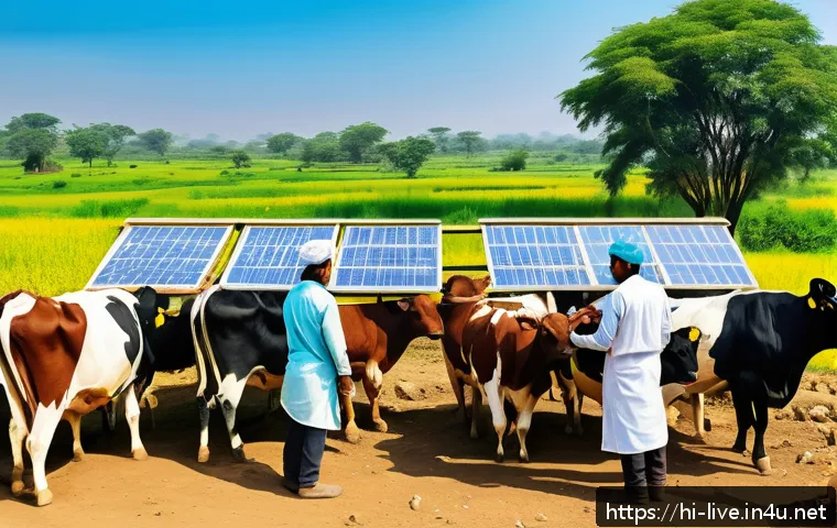 축산업 종사자 연봉 분석 - A detailed scene depicting a rural Indian livestock farm with Hindi signboards, showing diverse work...