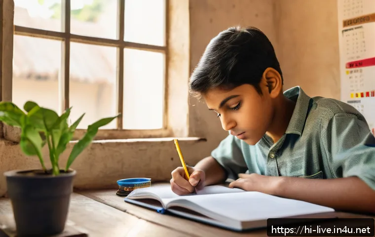 축산업 국가시험 합격 비결 - A focused study scene featuring a young Indian student sitting at a wooden desk in a well-lit room, ...