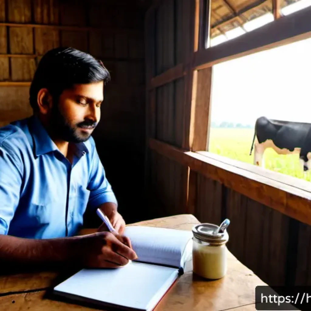 축산업 업무일기 작성 사례 공유 - Photorealistic Indian dairy farm office at early morning, a Hindi-speaking livestock manager in clea...