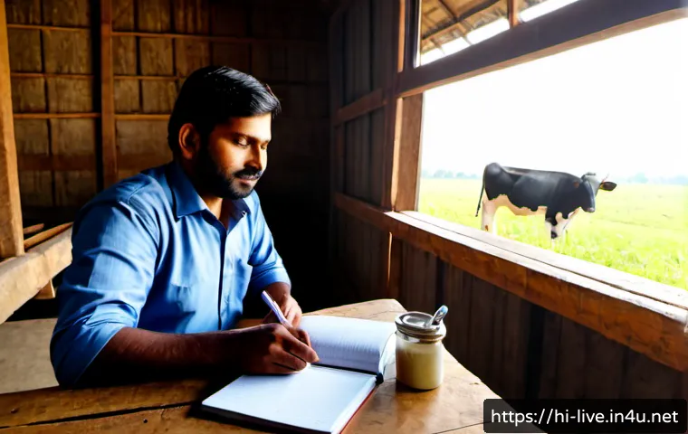 축산업 업무일기 작성 사례 공유 - Photorealistic Indian dairy farm office at early morning, a Hindi-speaking livestock manager in clea...