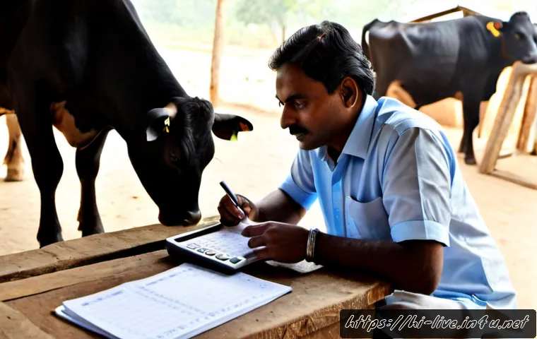 Home 17 축산업 재무 계획 세우기 - Photorealistic Indian dairy farmer in a clean cattle shed reviewing financial plans with a calculato...