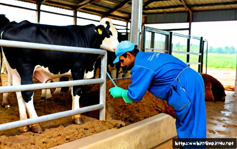 축산업 현장 안전 수칙 - Photorealistic Indian dairy farm safety scene, a middle-aged livestock worker wearing clean coverall...